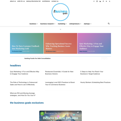 A detailed screenshot showcasing the homepage of www.thebusinessgoals.com, highlighting its main features and design elements.