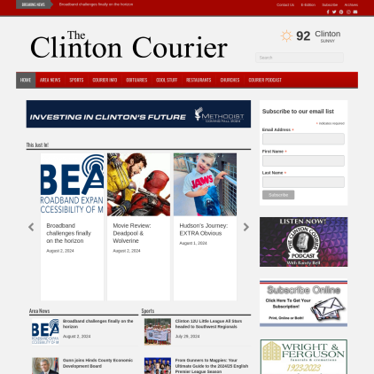 A detailed screenshot showcasing the homepage of www.theclintoncourier.net, highlighting its main features and design elements.