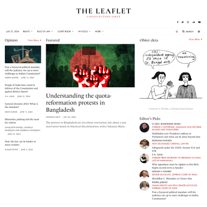 A detailed screenshot showcasing the homepage of www.theleaflet.in, highlighting its main features and design elements.