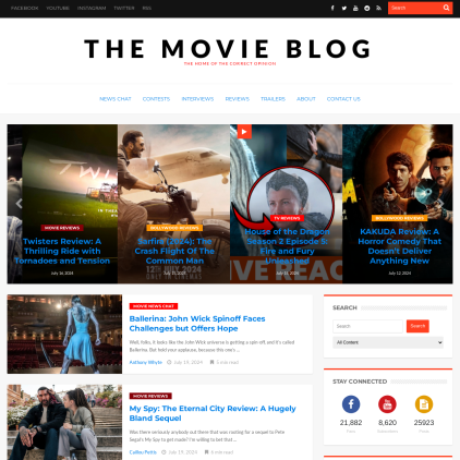 A detailed screenshot showcasing the homepage of www.themovieblog.com, highlighting its main features and design elements.