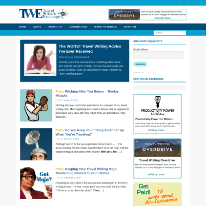 A detailed screenshot showcasing the homepage of www.travel-writers-exchange.com, highlighting its main features and design elements.