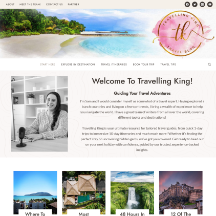 A detailed screenshot showcasing the homepage of www.travellingking.com, highlighting its main features and design elements.