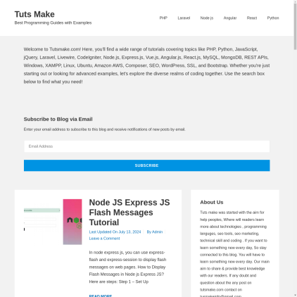 A detailed screenshot showcasing the homepage of www.tutsmake.com, highlighting its main features and design elements.