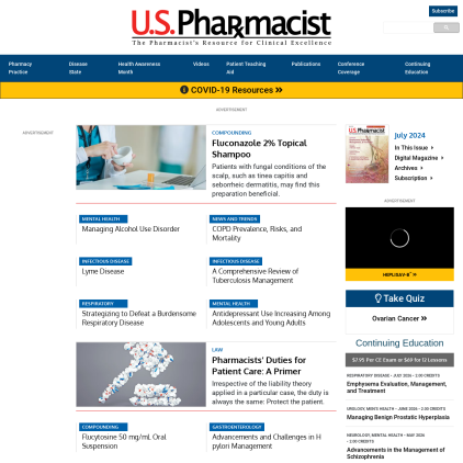 A detailed screenshot showcasing the homepage of www.uspharmacist.com, highlighting its main features and design elements.