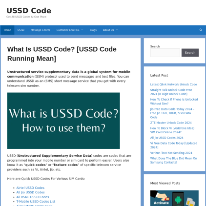 A detailed screenshot showcasing the homepage of www.ussdcode.in, highlighting its main features and design elements.