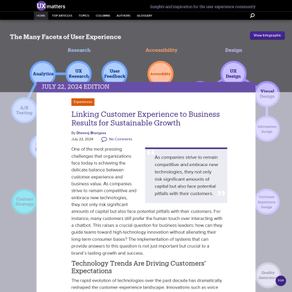 A detailed screenshot showcasing the homepage of www.uxmatters.com, highlighting its main features and design elements.