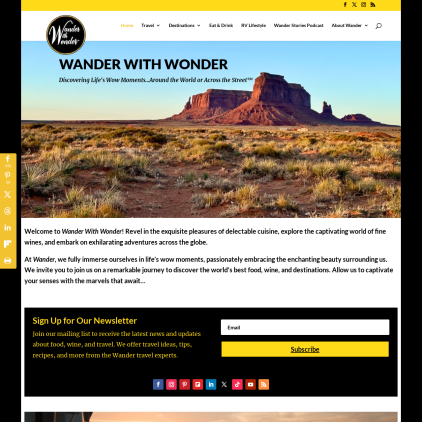 A detailed screenshot showcasing the homepage of www.wanderwithwonder.com, highlighting its main features and design elements.