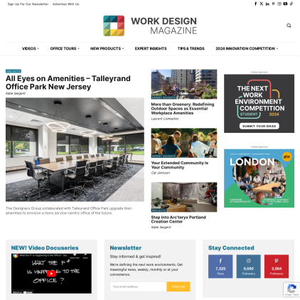 A detailed screenshot showcasing the homepage of www.workdesign.com, highlighting its main features and design elements.