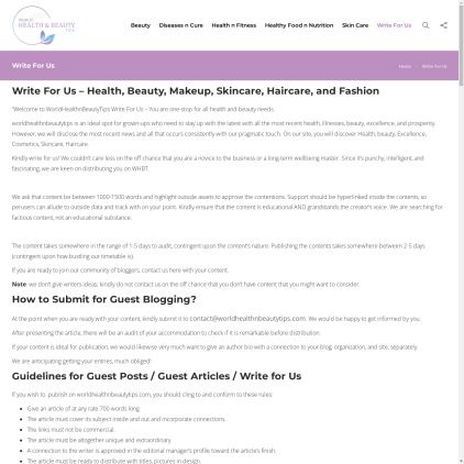 A detailed screenshot showcasing the homepage of www.worldhealthnbeautytips.com, highlighting its main features and design elements.