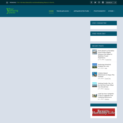 A detailed screenshot showcasing the homepage of www.youramazingplaces.com, highlighting its main features and design elements.