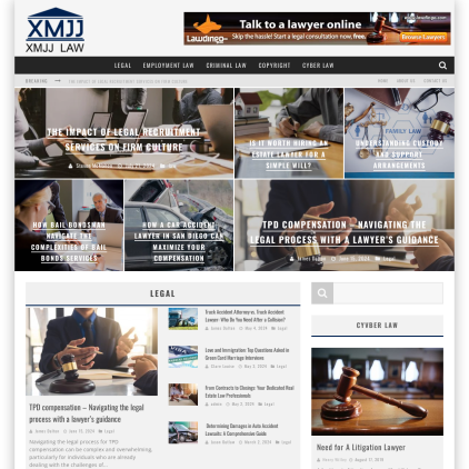 A detailed screenshot showcasing the homepage of xmjjlaw.com, highlighting its main features and design elements.