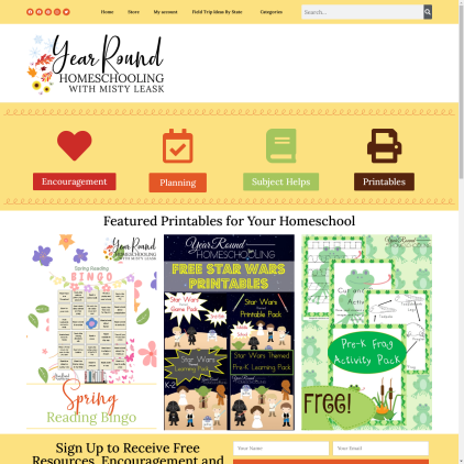 A detailed screenshot showcasing the homepage of yearroundhomeschooling.com, highlighting its main features and design elements.