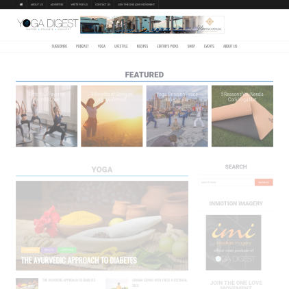 A detailed screenshot showcasing the homepage of yogadigest.com, highlighting its main features and design elements.