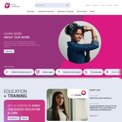 A detailed screenshot showcasing the homepage of ywca-canberra.org.au, highlighting its main features and design elements.