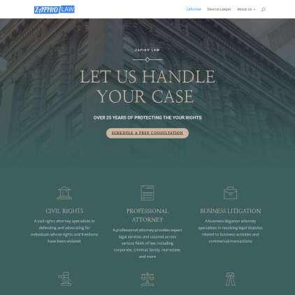 A detailed screenshot showcasing the homepage of zafirolaw.my.id, highlighting its main features and design elements.