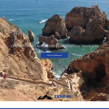 A detailed screenshot showcasing the homepage of zephyradventures.com, highlighting its main features and design elements.