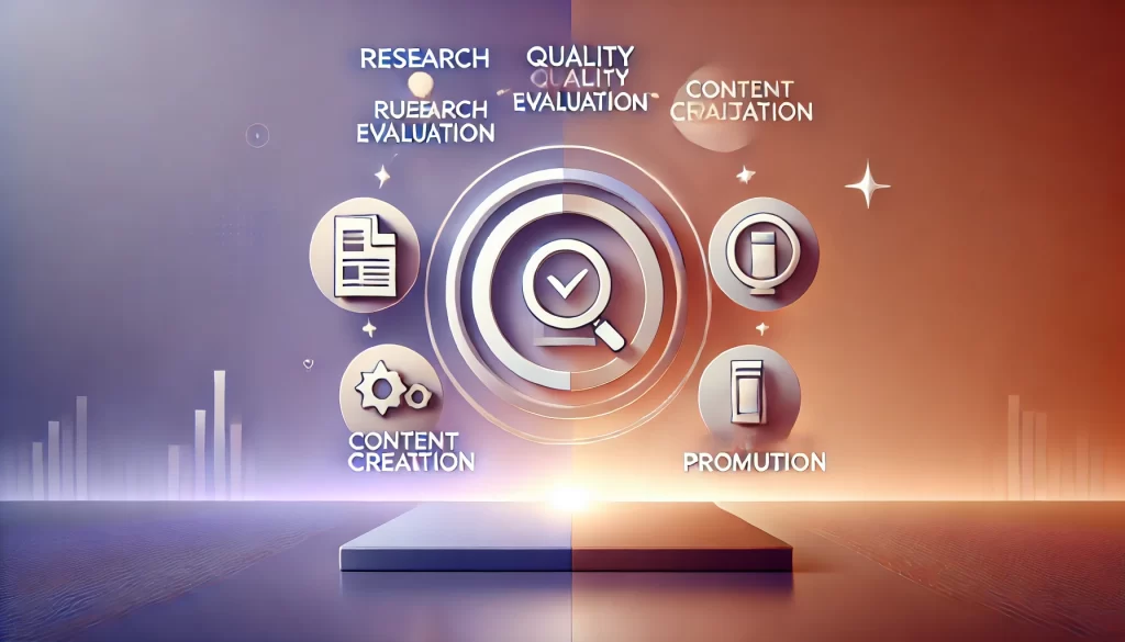 Illustration representing the strategic process of choosing the right guest posting opportunities, focusing on research, quality evaluation, content creation, and promotion.