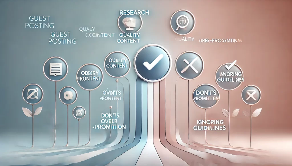 Illustration depicting the essential do's and don'ts of guest posting, focusing on strategies like research, quality content, and audience engagement versus pitfalls like over-promotion and ignoring guidelines.