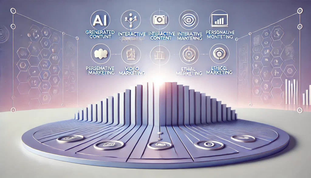 Illustration representing the emerging trends in digital content marketing, including AI-generated content, interactive experiences, video marketing, personalization, and ethical marketing strategies.