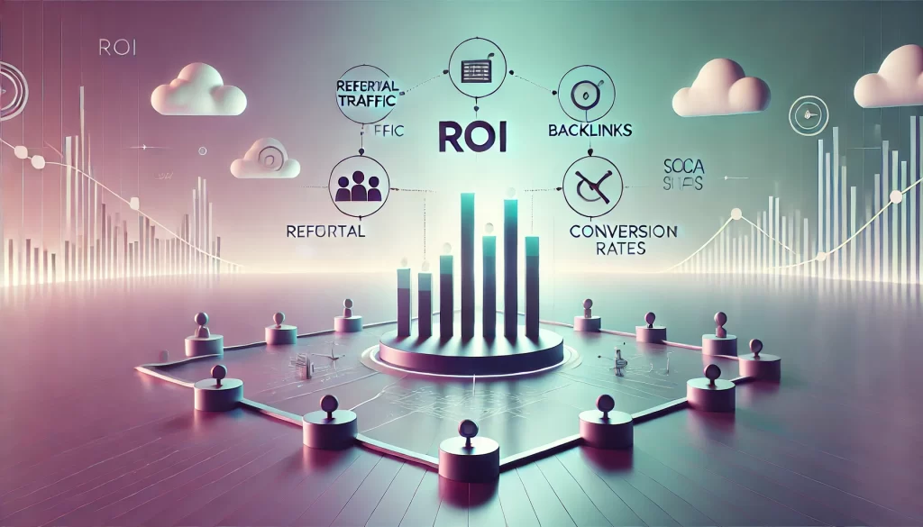 Illustration depicting key metrics for measuring the ROI of guest posting efforts, including referral traffic, backlinks, conversion rates, and social shares.