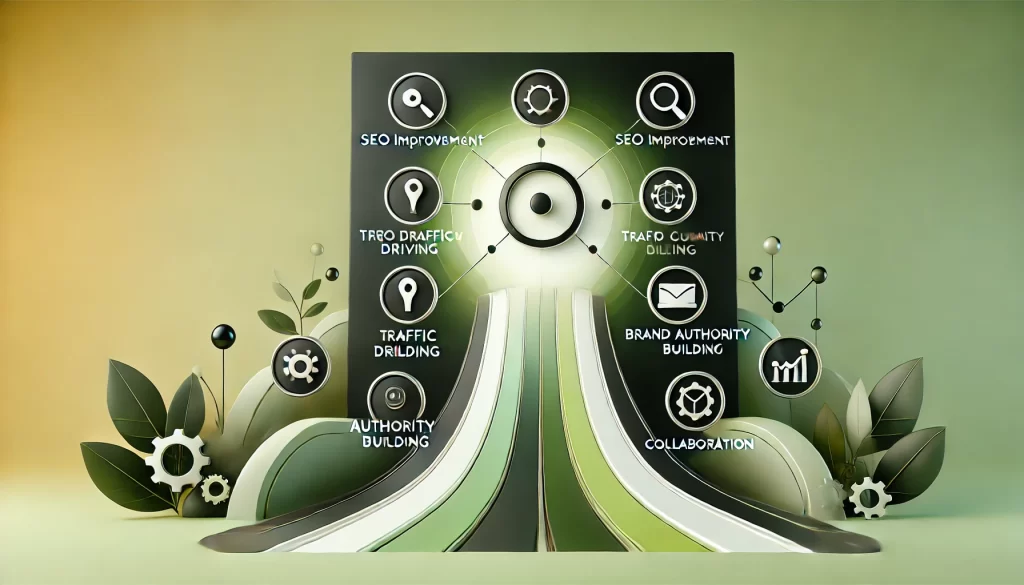 Illustration depicting key strategies for successful guest posting, including SEO improvement, traffic driving, brand authority building, and collaboration.