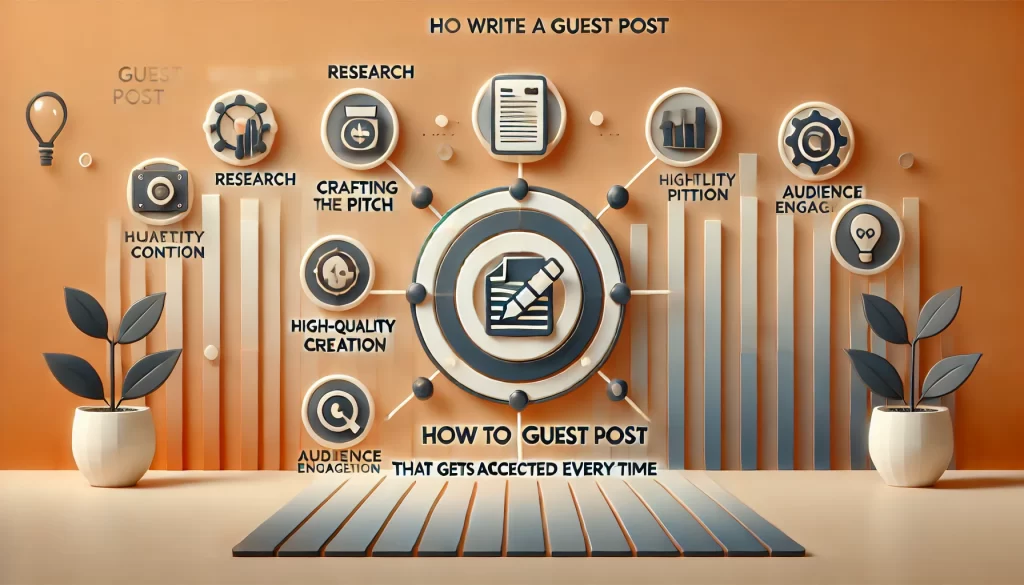 Illustration depicting key strategies for writing a guest post that gets accepted, including research, crafting a compelling pitch, creating high-quality content, and engaging with the audience.